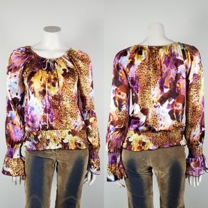Caché VTG 90s Y2K Abstract Colorful Leopard Print Silk Peasant Blouse Size Small